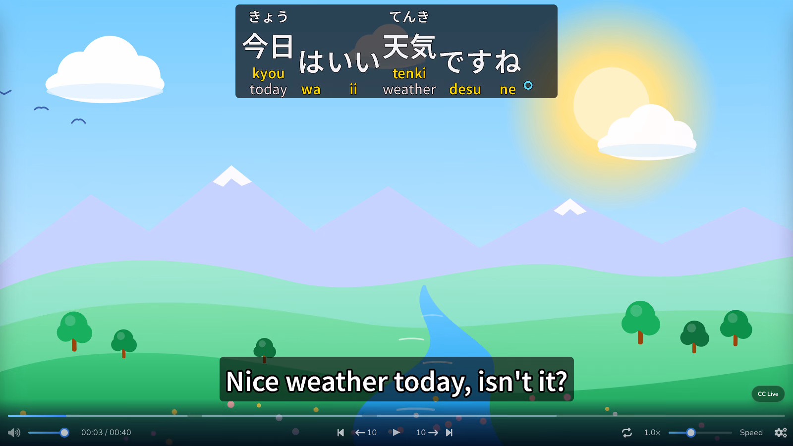 Japanese subtitle with furigana, romaji and English glosses, an English translation and the seek bar